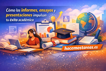 Estudiante con auriculares usa una laptop, rodeada de libros y gráficos, en un banner educativo sobre informes y presentaciones académicas.