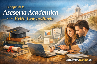 Pareja de estudiantes trabajando con laptop y cuadernos en un fondo universitario, ilustrando asesoría académica para el éxito universitario.