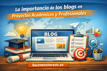 Colorful infographic-style banner about the importance of blogs in academic and professional projects, featuring a laptop labeled BLOG and educational icons.