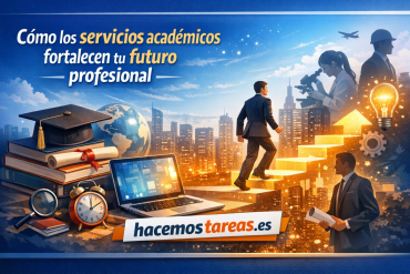 Representación de estudiantes y profesionales avanzando hacia un futuro profesional, rodeados de libros, laptop y ciudad iluminada.