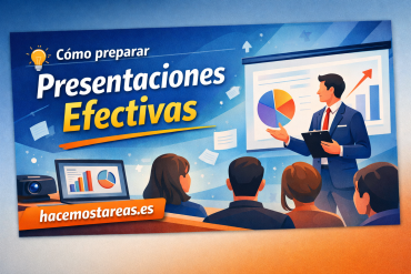 Banner educativo en español: 'Cómo preparar Presentaciones Efectivas' con un ponente frente a una audiencia y gráficos.