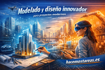 Diseñadora con gafas de realidad virtual dibuja un modelo 3D de una ciudad futurista, con drones y rascacielos iluminados detrás.