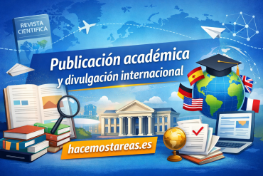 Banner conveying academic publication and international outreach with a globe, graduation cap, books, and flags; site hacemostareas.es appears at bottom.