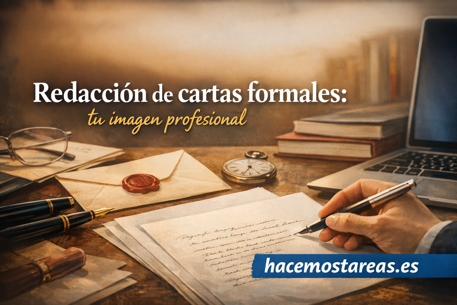 Promotional banner showing a desk with a handwritten letter, envelope, fountain pens, eyeglasses, a clock, and a laptop; headline reads 'Redacción de cartas formales: tu imagen profesional'.